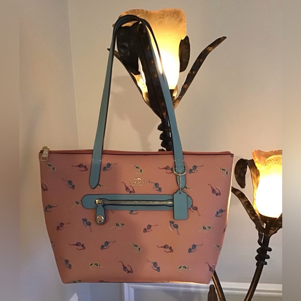 Coach Light Coral Sunglasses Print Tote with Blue Details.